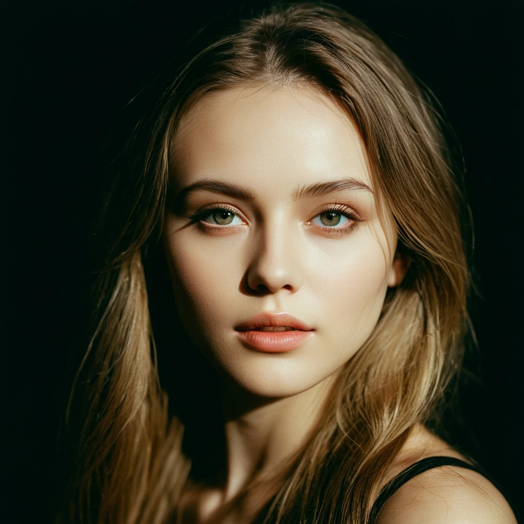 "memories are the water of life" (Misterious mood Soft Lighting Photography), stunning medium format analog photo, TWbabeXL01 beautiful (woman), A beautiful ((evil slavic woman)), pale skin, long dark blond hair, over the shoulde wide view, black over black background, highly detailed, detailed realistic photography, masterpiece half-body photo, finely detailed skin, emotional, professional color grading, epiCPhoto, OverallDetailXL analog grain, Fujifilm Astia, low contrast, OverallDetailXL
