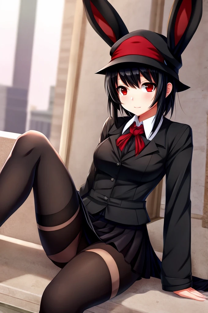 girl, anime, black hair, Red eyes, black hat, black rabbit ears,black top,black skirt, black tights.