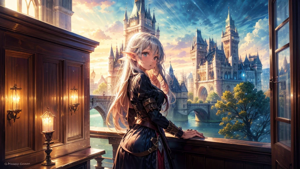 Fantasy art, RPG Art, Princess looking out the window at the magic castle, A beautiful elven princess looks out her window at the enchanted castle, An impressive castle with great attention to detail, with tower, bridge, moat, Standing on the mountain top, moon, 