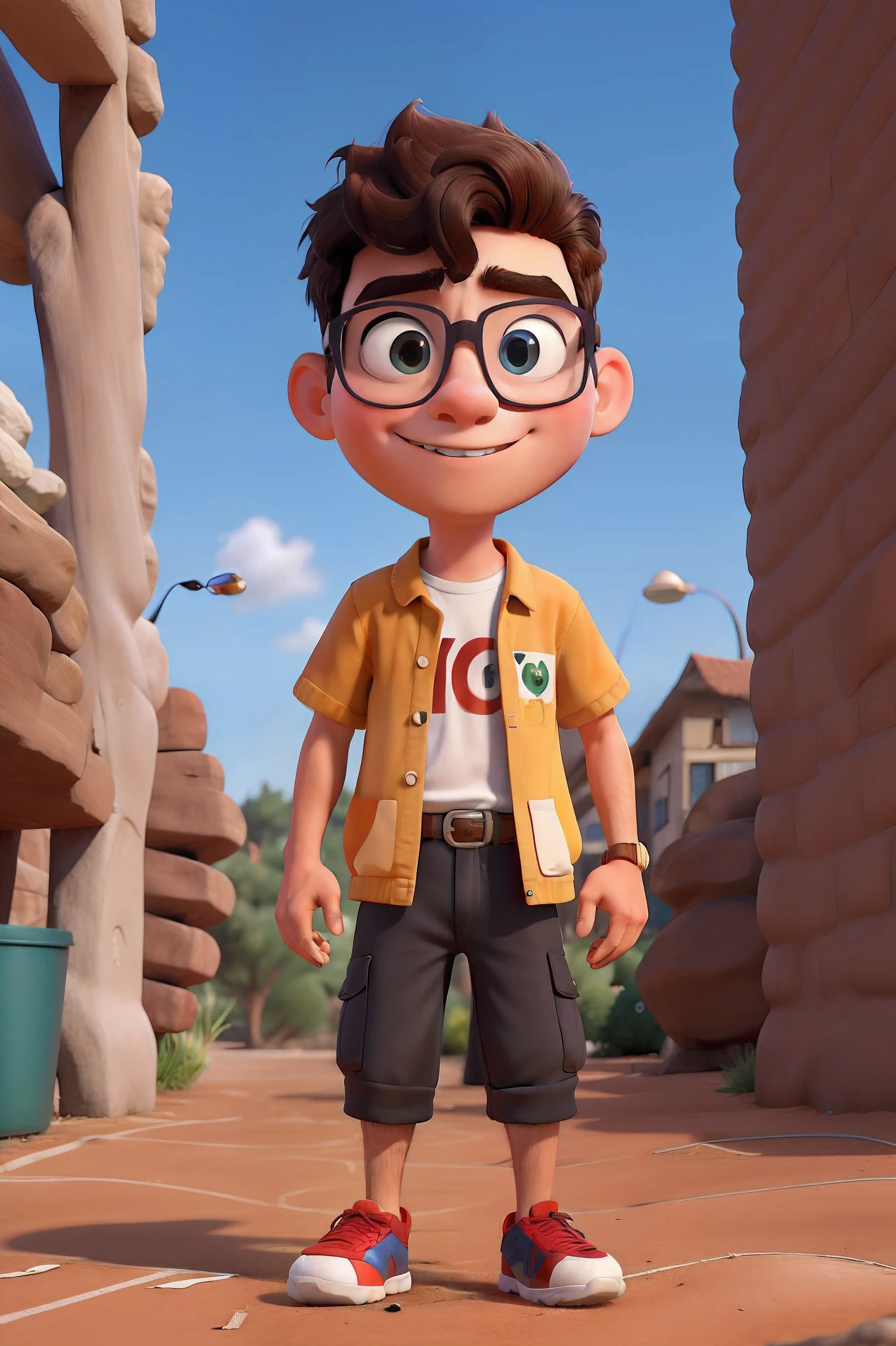 Untitled 3d poster inspired by Disney/Pixar by a 16 year old, curly hair, eyes black, wears glasses, football player, Jesus in the background