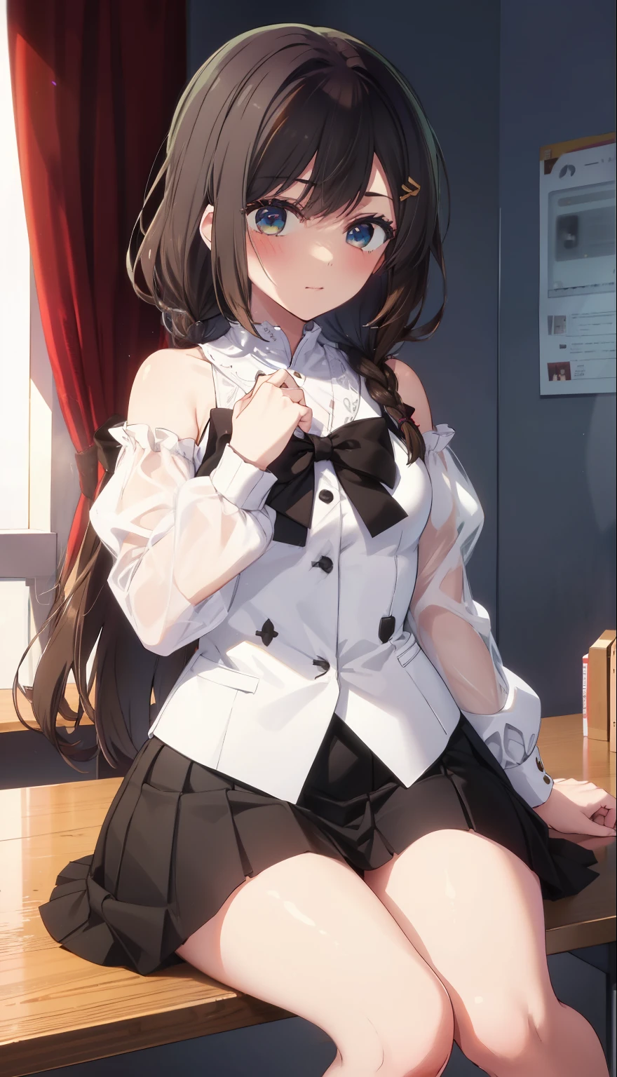 The high school girl has shoulder length brown hair, pure white skin and a high  and black skirt, with white panties