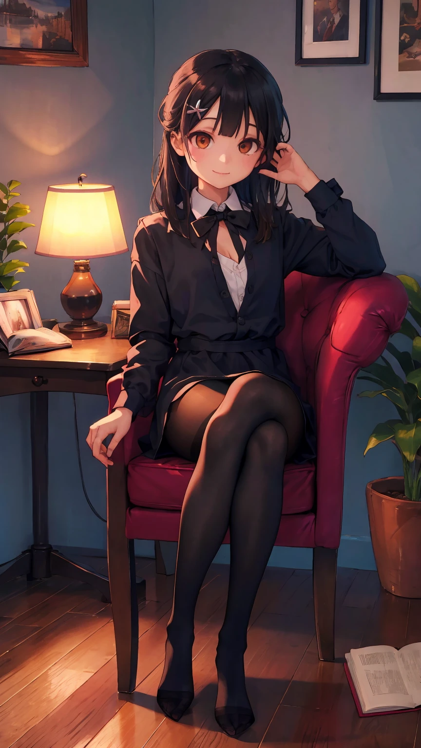 (cowboy shot:1.3),(best quality), ((masterpiece)), (highres), illustration, original, extremely detailed,dbj,1girl, (Miyu Edelfelt),,cameltoe,black hair,brown eyes,expressionless,book, pantyhose, long hair, shirt, no shoes, crossed legs, sitting, cat, plant, brown eyes, solo, underwear, indoors, bow, bookshelf, potted plant, bra, breasts, bowtie, white shirt, looking at viewer, black hair, black pantyhose, chair, smile, wooden floor, dress shirt, no pants, thighband pantyhose, armchair, lamp, long sleeves, sparkle, black bra, collared shirt, cleavage, bangs, small chest,couch,