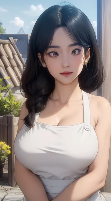 (sky:1.7), A city with many buildings,背景是sky空,背景是云彩和蓝sky, architecture,
stand at attention, 在屋顶superior,
Deep Crack, clavicle, White apron,Bare shoulders,
Black Hair, Brown eyes, Bangs, Single Braid,
1 girl, 20 years old,Young women,beautiful Finger,beautiful long legs,beautiful Body,beautiful Nose,beautiful character design, Perfect eyes, perfect Face,Expressive eyes,
Looking at the audience, In the center of the image,(superior_Body),(close up),(Focus on her Face),
Official Art,Extremely detailed CG unity 8k wallpaper, Perfect lighting,rich and colorful, bright_front_Face_light,Glowing skin,
(masterpiece:1.0),(the best_quality:1.0), 超high resolution,4K,Extremely detailed,
photography, 8K, Human Development Report, high resolution, absurd:1.2, Kodak Portra 400, Film Grain, Blurred background, Bokeh:1.2, lens flare, (Energetic_color:1.2)
(beautiful,Large target_breast:1.4),(((丰满柔软的breast,)))(((巨Large targetbreast))) (((Cleavage))) (Perfect curvy figure), (beautiful_Face:1.5),(narrow_waist),