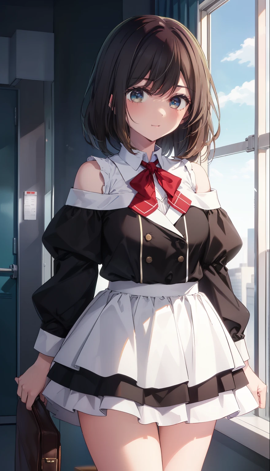 The high school girl has shoulder length brown hair, pure white skin and a high  and black skirt, with white panties