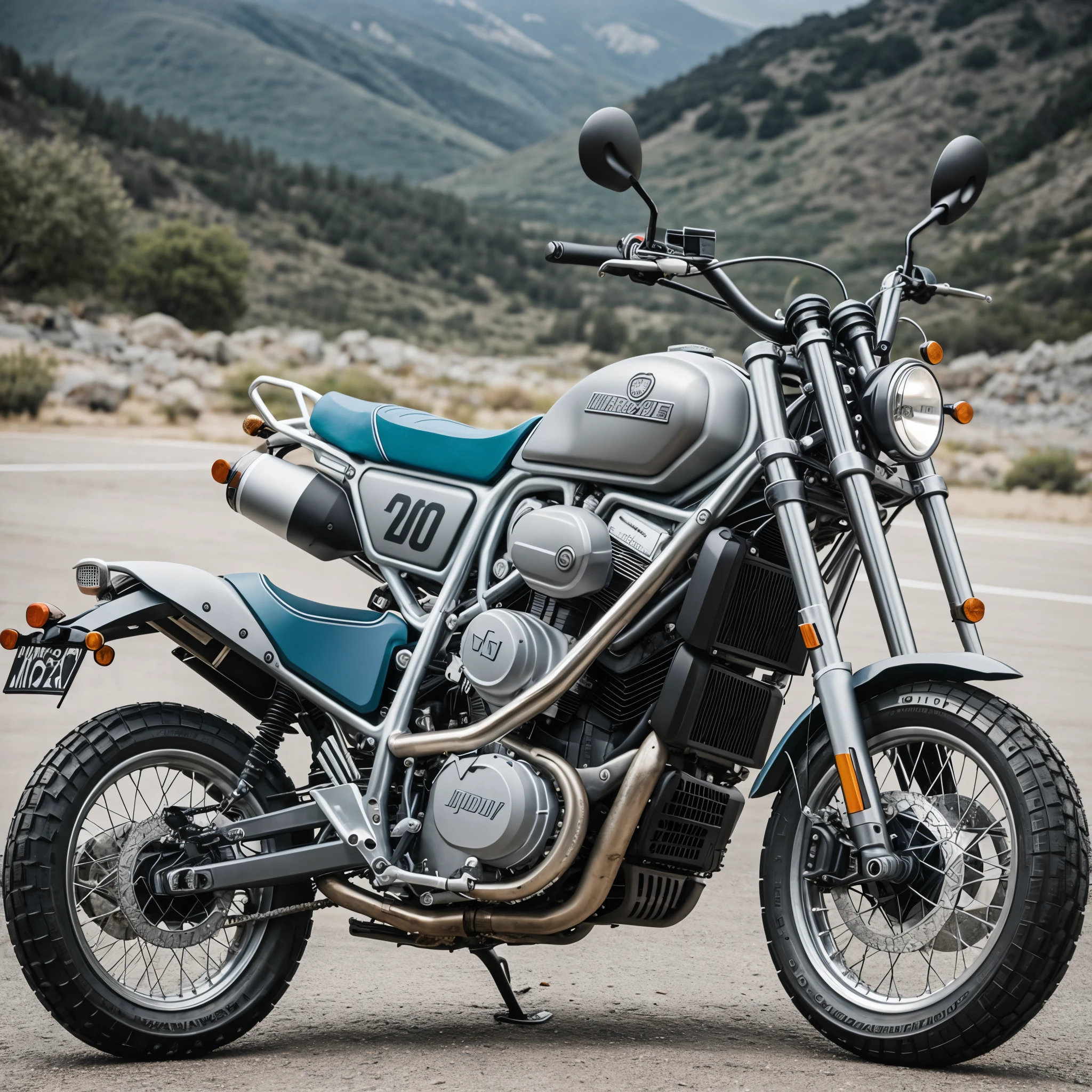 nardo gray scrambler type motorcycle with blue rims
