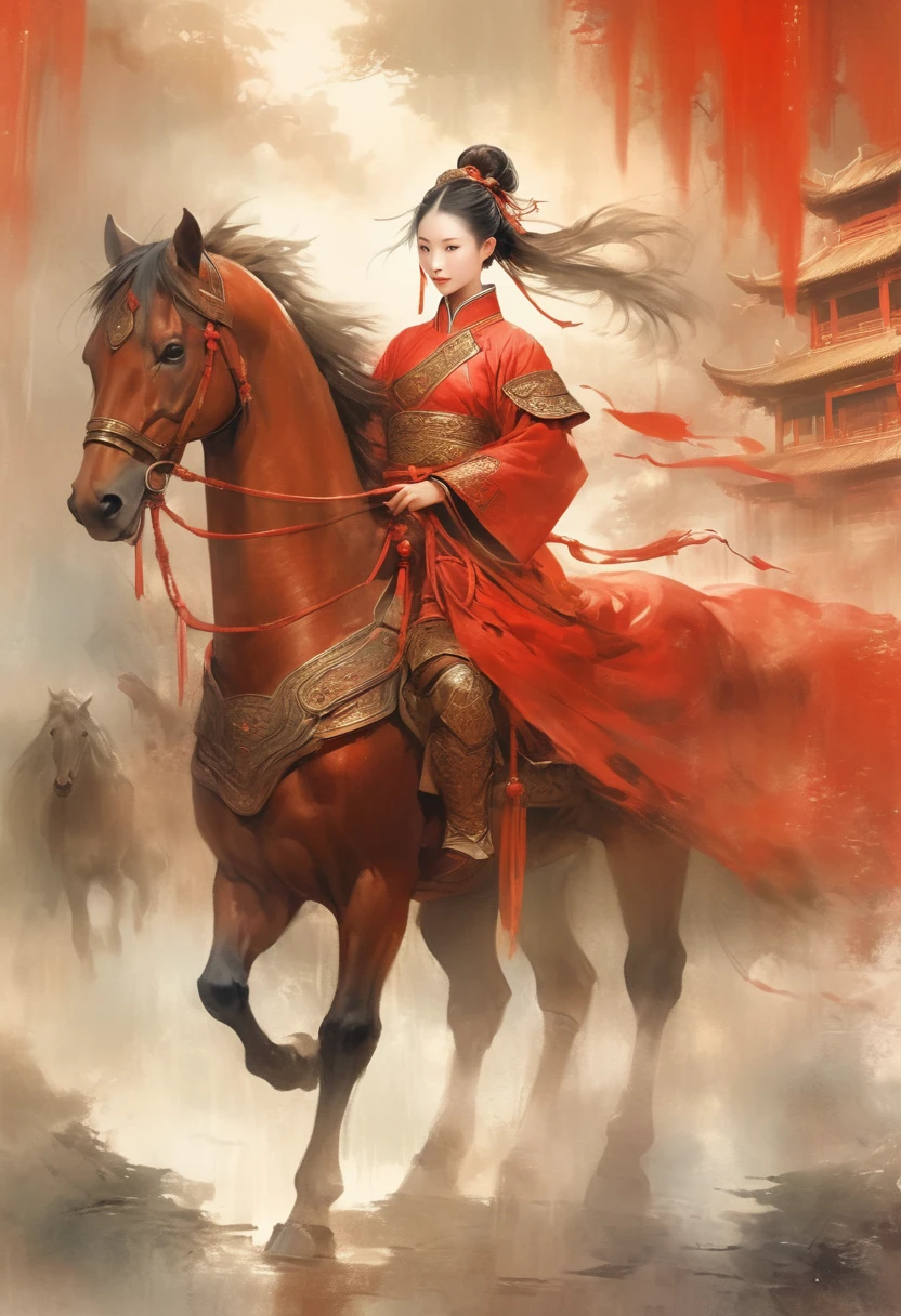 There is light rain under the sky, with elegant colors.A young ancient Chinese girl, with her hair tied up high, dressed in red and ancient armor, leading a horse， the background is the lively fair,the big scene, the big scene,Atmospheric , in style of faint watercolor