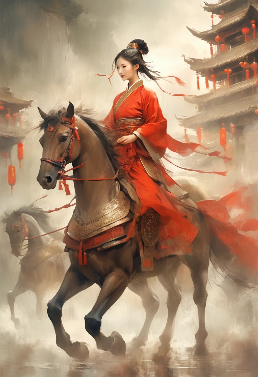 There is light rain under the sky, with elegant colors.A young ancient Chinese girl, with her hair tied up high, dressed in red and ancient armor, leading a horse， the background is the lively fair,the big scene, the big scene,Atmospheric , in style of faint watercolor