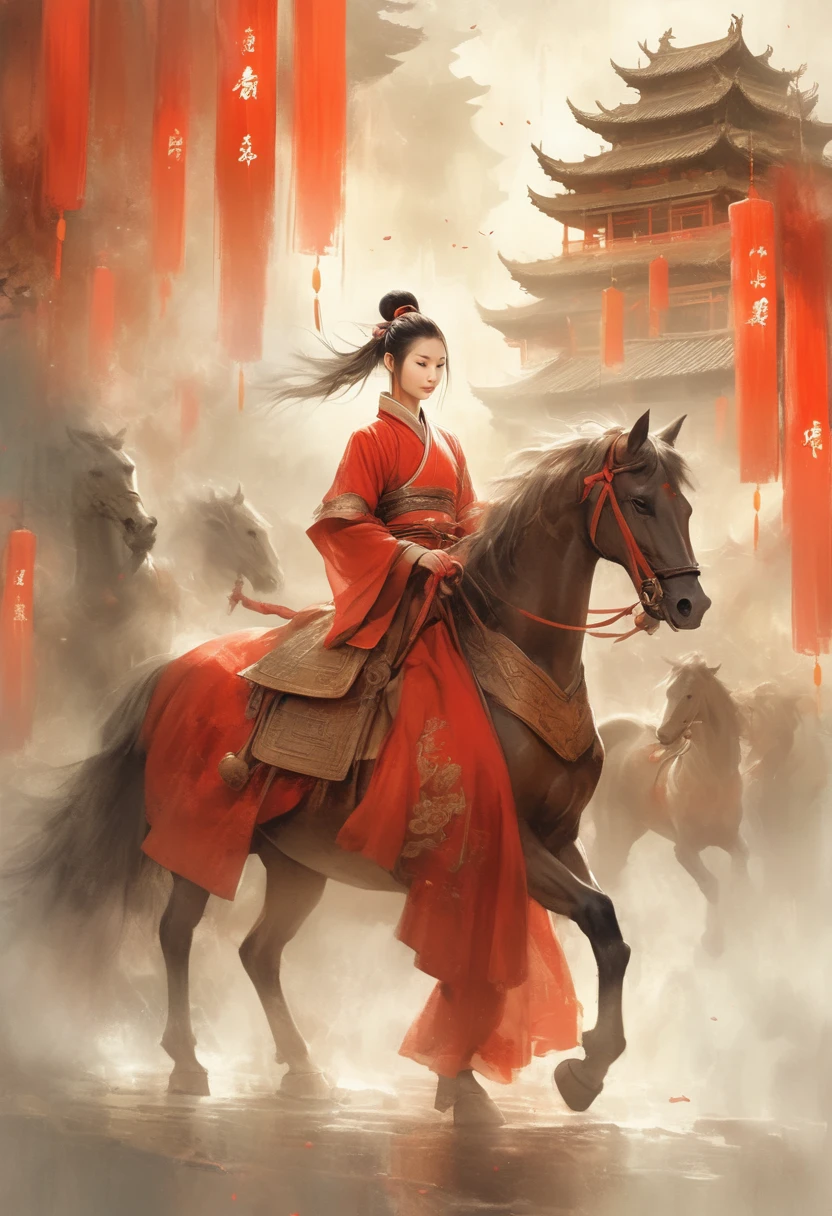 There is light rain under the sky, with elegant colors.A young ancient Chinese girl, with her hair tied up high, dressed in red and ancient armor, leading a horse， the background is the lively fair,the big scene, the big scene,Atmospheric , in style of faint watercolor