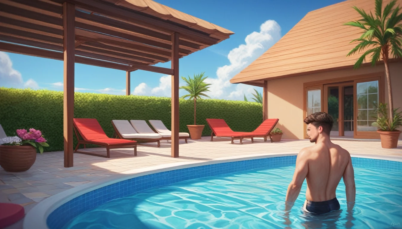 Resort hotels,Pool,Summer sky,Blur the background,Glitter effect,Highest quality, 8K, High resolution, masterpiece:1.2, Very detailed, Realistic:1.37, High resolution, 超High resolution, Ultra-fine painting, Very detailed, Professional, Vibrant colors