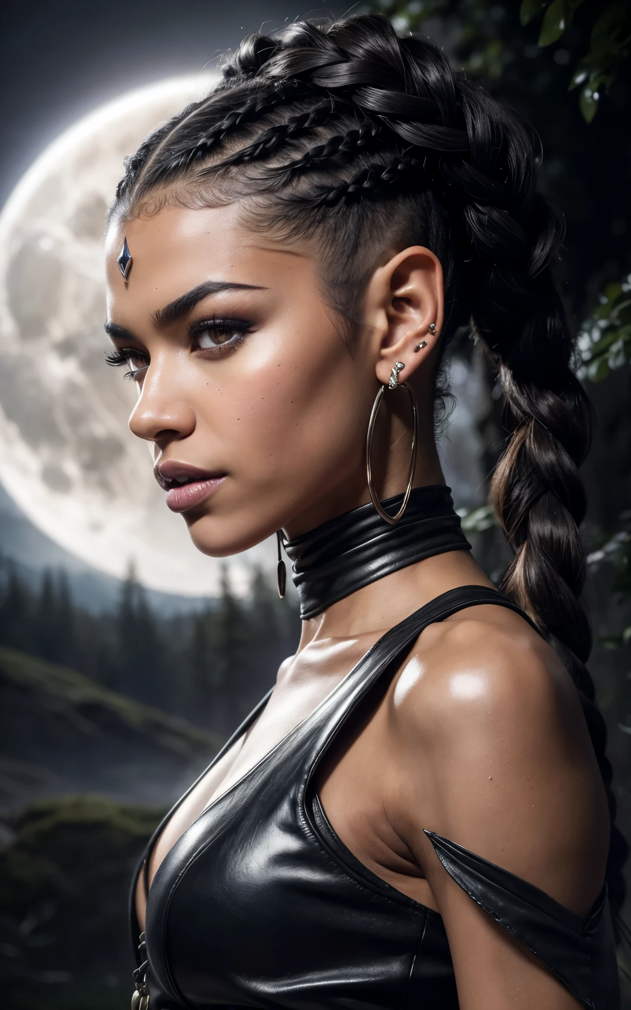 (Dark elf witch), the face of zendaya:Dua lipa, pointy ears, grey skin, white hair, (high top fade haircut), (one braid in one side of the head), masterpiece, dark forest in the background, fog, in the night, full moon ligth, 8k, detailed digital art, piercings.
