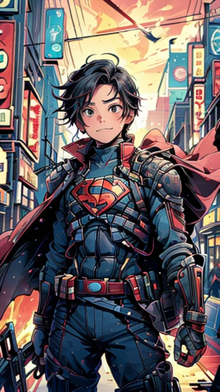 (8k),(masterpiece),(Japanese),(13-year-old boy),((innocent look)),((Childish)),From the front,smile,cute,Innocent,Kind eyes,Flat chest,Red cape,Superman Costume,short,Hair blowing in the wind,Black Hair,Strong wind,night,dark, Neon light cyberpunk city