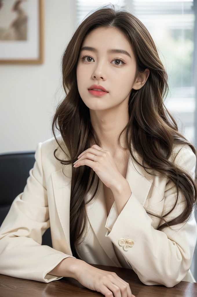 (((best quality))),(((ultra detailed))),(((masterpiece))),illustration,(close-up of face:1.3),1 beautiful girl, young,features, radiant smile, pearly white teeth, deep soulful eyes, chestnut hair, flowing locks, back, soft natural light, stunning, tailored blazer, slender frame, charcoal gray slacks, crisp white button-down shirt, elegance, simple elegant jewelry, slender wrists, neck, natural grace, sophistication, well-lit modern examining room, pristine white walls, comfortable clinical atmosphere, large state-of-the-art vision testing machine, sleek design, polished surfaces, advanced technology, monitor, intricate patterns, letters, intently studies, eyes shifting, focus, engaged, expressive features, concentration excitement, furrowed eyebrows, cupping chin, contemplation, soft fingers, controls, ease comfort, navigation equipment, confidence, intelligence, captivating photo, moment, curiosity, self-discovery, embark journey, explore eyes, deeper understanding vision.