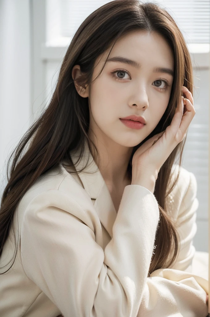 (((best quality))),(((ultra detailed))),(((masterpiece))),illustration,(close-up of face:1.3),1 beautiful girl, young,features, radiant smile, pearly white teeth, deep soulful eyes, chestnut hair, flowing locks, back, soft natural light, stunning, tailored blazer, slender frame, charcoal gray slacks, crisp white button-down shirt, elegance, simple elegant jewelry, slender wrists, neck, natural grace, sophistication, well-lit modern examining room, pristine white walls, comfortable clinical atmosphere, large state-of-the-art vision testing machine, sleek design, polished surfaces, advanced technology, monitor, intricate patterns, letters, intently studies, eyes shifting, focus, engaged, expressive features, concentration excitement, furrowed eyebrows, cupping chin, contemplation, soft fingers, controls, ease comfort, navigation equipment, confidence, intelligence, captivating photo, moment, curiosity, self-discovery, embark journey, explore eyes, deeper understanding vision.