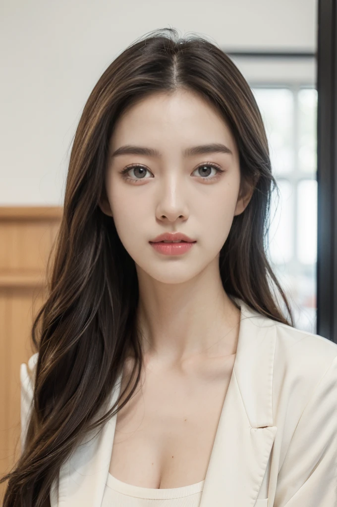 (((best quality))),(((ultra detailed))),(((masterpiece))),illustration,(close-up of face:1.3),1 beautiful girl, young,features, radiant smile, pearly white teeth, deep soulful eyes, chestnut hair, flowing locks, back, soft natural light, stunning, tailored blazer, slender frame, charcoal gray slacks, crisp white button-down shirt, elegance, simple elegant jewelry, slender wrists, neck, natural grace, sophistication, well-lit modern examining room, pristine white walls, comfortable clinical atmosphere, large state-of-the-art vision testing machine, sleek design, polished surfaces, advanced technology, monitor, intricate patterns, letters, intently studies, eyes shifting, focus, engaged, expressive features, concentration excitement, furrowed eyebrows, cupping chin, contemplation, soft fingers, controls, ease comfort, navigation equipment, confidence, intelligence, captivating photo, moment, curiosity, self-discovery, embark journey, explore eyes, deeper understanding vision.
