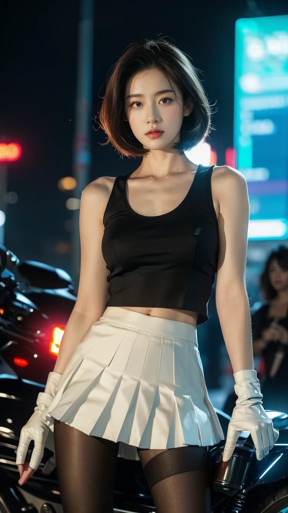 (((best quality))),(((very detailed))),(((masterpiece))),illustration,(1 beautiful girl,alone),((slim,thin)),(( big bust,soft chest)),(crash helmet:1.3),shoulder length straight bob hair,slim 다리,cyberpunk, city streets,(riding a motorcycle:1.3), smooth, (white tank top:1.3),(Gloves:1.2),(black pleated skirt:1.3),(pantyhose:1.3), stylish boots, trust, crystal, dark street,neon lights, skyscrapers, city noise, traffic, Siren, sounds of the city, futuristic, Dystopian societies, technology, fashion, explosive cocktail, style, , modernity, demeanor, soul, anything is possible,((in front,upper body))