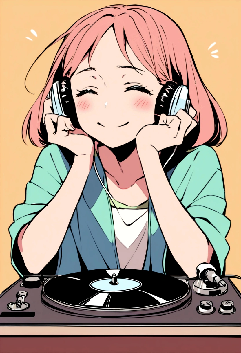 Cute girl, about 20 years old, painting from the waist up, happily listening to music as she watches the record player on her desk spinning records, hands on cheekbones.