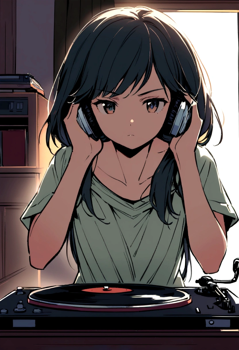 Cute girl, about 20 years old, painting from the waist up, happily listening to music as she watches the record player on her desk spinning records, hands on cheekbones.