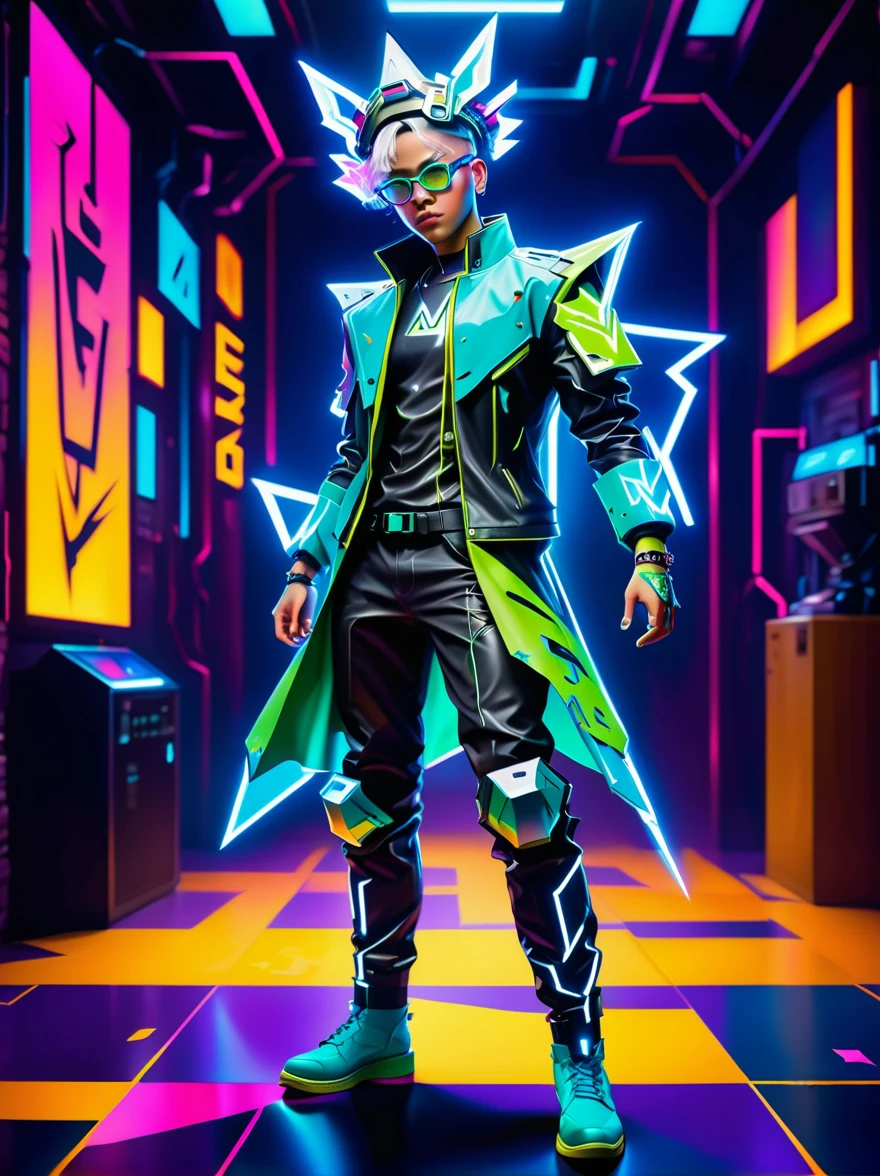 1 boy, Solitary, Lightning energy，Electricity elements，Wearing a pointed headdress，(Wearing large rectangular glasses:1.3)，Blue Highlight Lightning，Wearing bright blue and green square clothes，high-heel boots，Wields electric weapons，in a dynamic dancing pose within a colorful virtual reality world teeming with neon lights and vibrant holograms. The scene bears the influences of both pop art and graffiti, a truly cyberpunk-inspired ensemble with explosive energy, created using digital painting methods and radiant, glowing effects，(whole body:1.5)，Cartoon Style, Super Detail，Anatomically correct，masterpiece