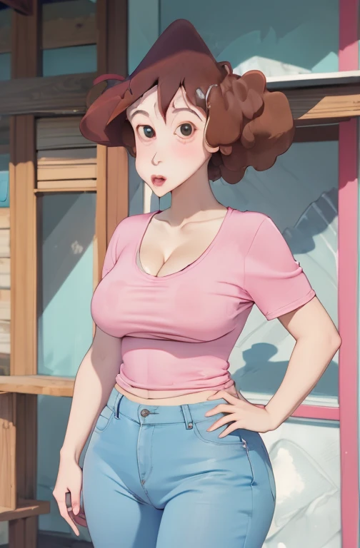 (((Full and soft breasts,)))(((Huge breasts))) (((Cleavage))) (Perfect curvy figure),1 Girl, Pink shirt, Blue Jeans, Gentle,