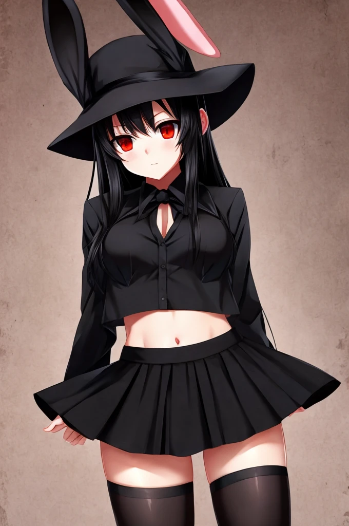 girl, anime, black hair, Red eyes, black hat, black rabbit ears,black top,black skirt, black tights.