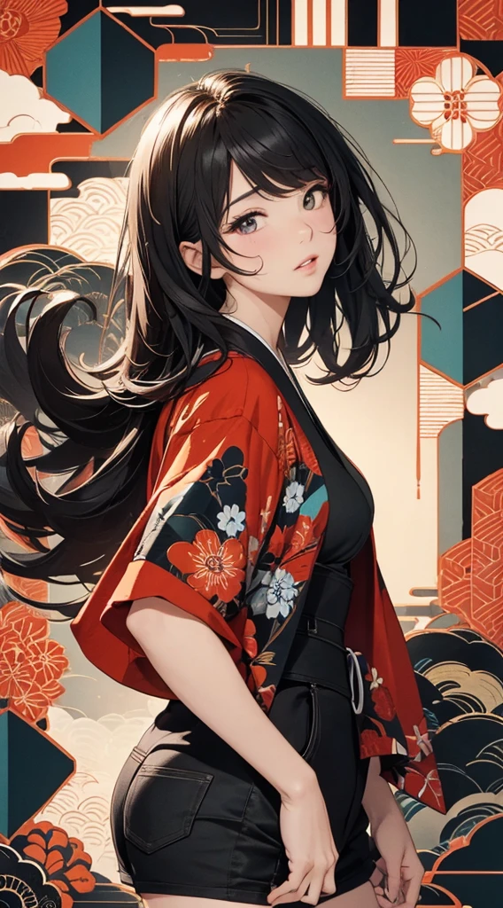 ((8k wallpaper of extremely detailed CG unit, masterpiece, hight resolution, top-quality, top-qualityのリアルテクスチャスキン)), (a very beautiful woman, Plump lips, The upper part of the body, Hands in pockets:1.5, Japanese pattern blouson:1.2, Japanese pattern micro mini shorts:1.2), (A dark-haired, hair messy, de pele branca, small tit), ((Colorful background with geometric patterns, Japanese pattern background, warm color)), (hyper realisitic, digitial painting),