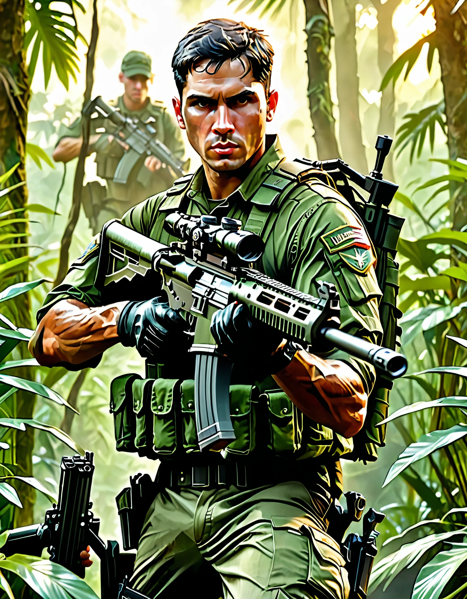 (masterpiece), (best quality), highres, 1man, male focus, solo, solo focus. black hair, short hair, hazel eyes, (healed scar on left cheek), sleeves rolled up. us soldier, jungle green uniform, gloves, gun, handgun, holding gun, holding weapon, holster, holstered weapon, load bearing vest, pistol, thigh holster, (gunmetal black rifle, assault rifle, scope). trigger discipline, weapon. jungle backdrop, daytime, (huey helicopter), gritty atmosphere.