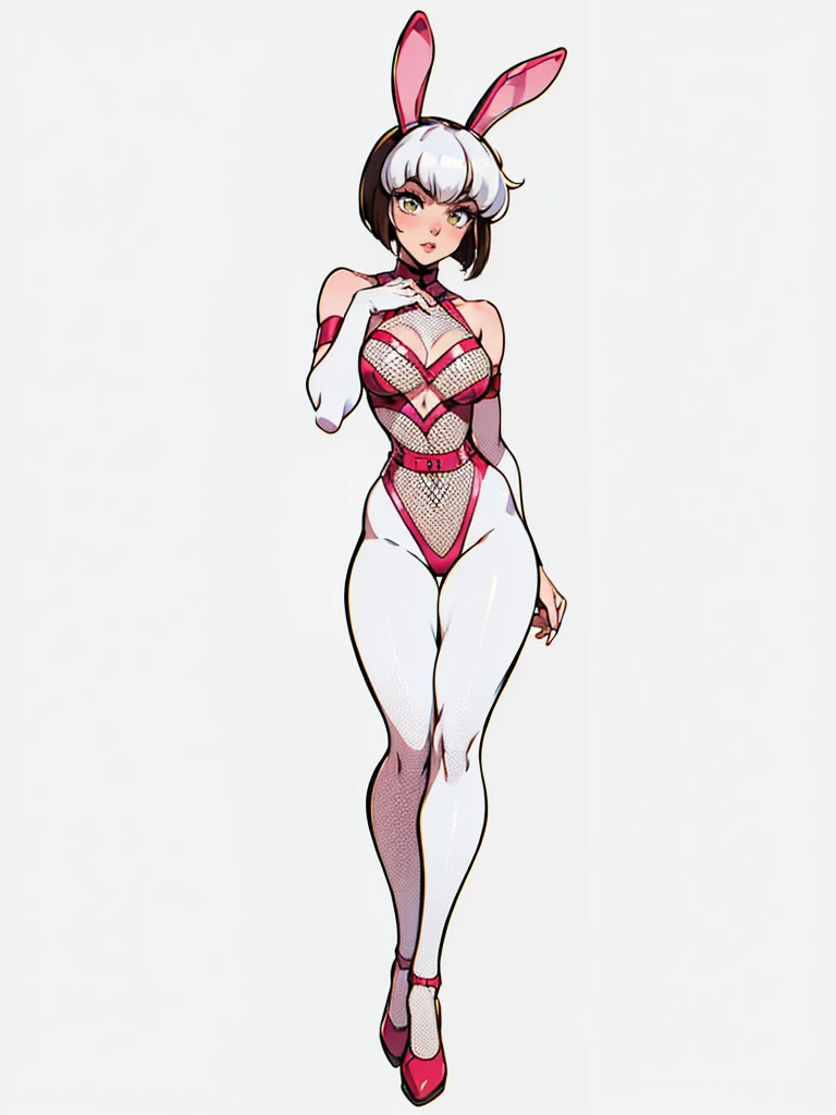 1girl, TendouNabiki, cute, sexy latex bunny costume, latex bunny ears, fishnets, full body, white background, looking at the viewer, illustration, (best quality,4k,8k,highres,masterpiece:1.2),ultra-detailed,extremely detailed eyes and face,longeyelashes,