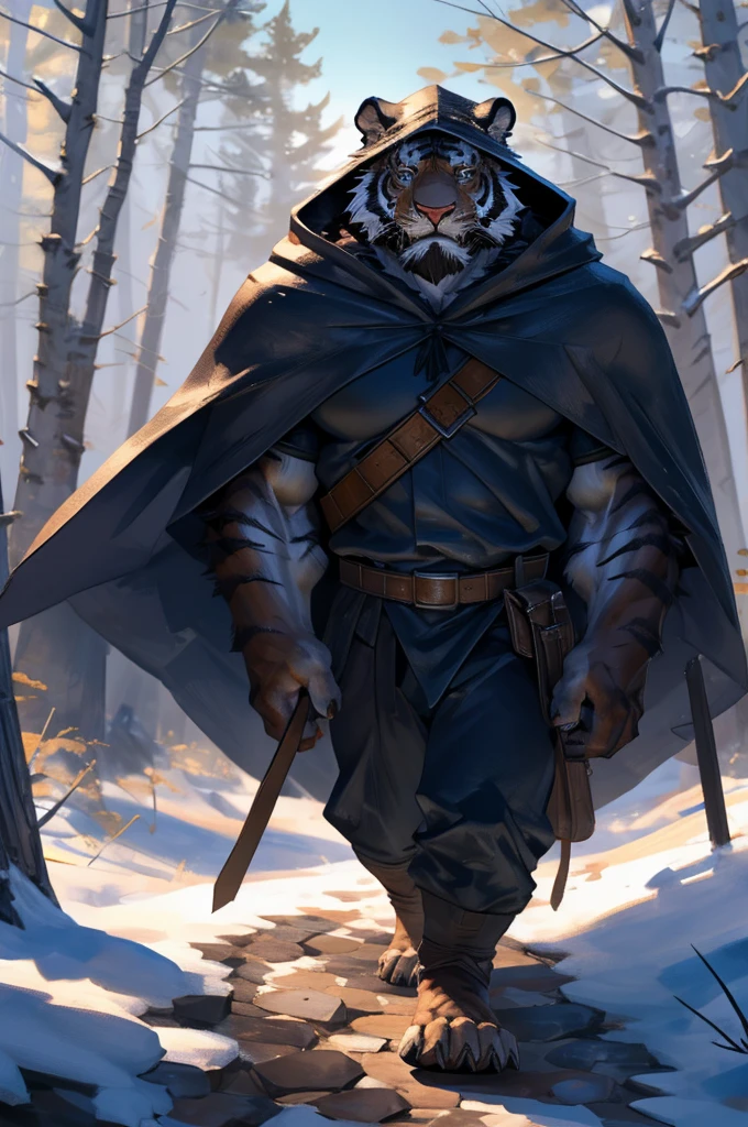 By Taran fiddler, solo, male, tiger man, dressed in a cloak and satchel, muscular, older male, cloak hiding face, face hidden by cloak hood, beard, walking towards viewer, surprised look, wide eyes, smaller silhouette behind the tiger, forest background, snowy