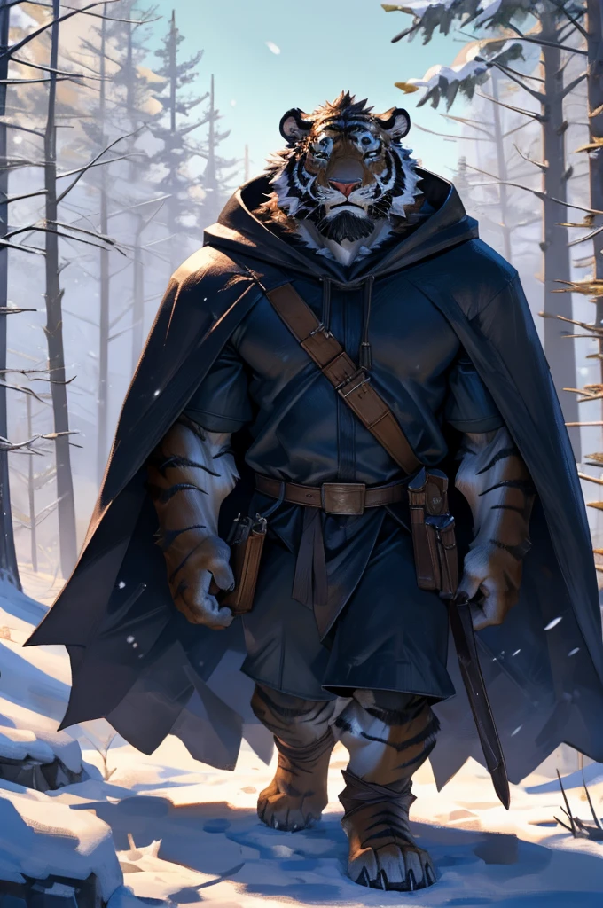 By Taran fiddler, solo, male, tiger man, dressed in a cloak and satchel, muscular, older male, cloak hiding face, face hidden by cloak hood, beard, walking towards viewer, surprised look, wide eyes, smaller silhouette behind the tiger, forest background, snowy