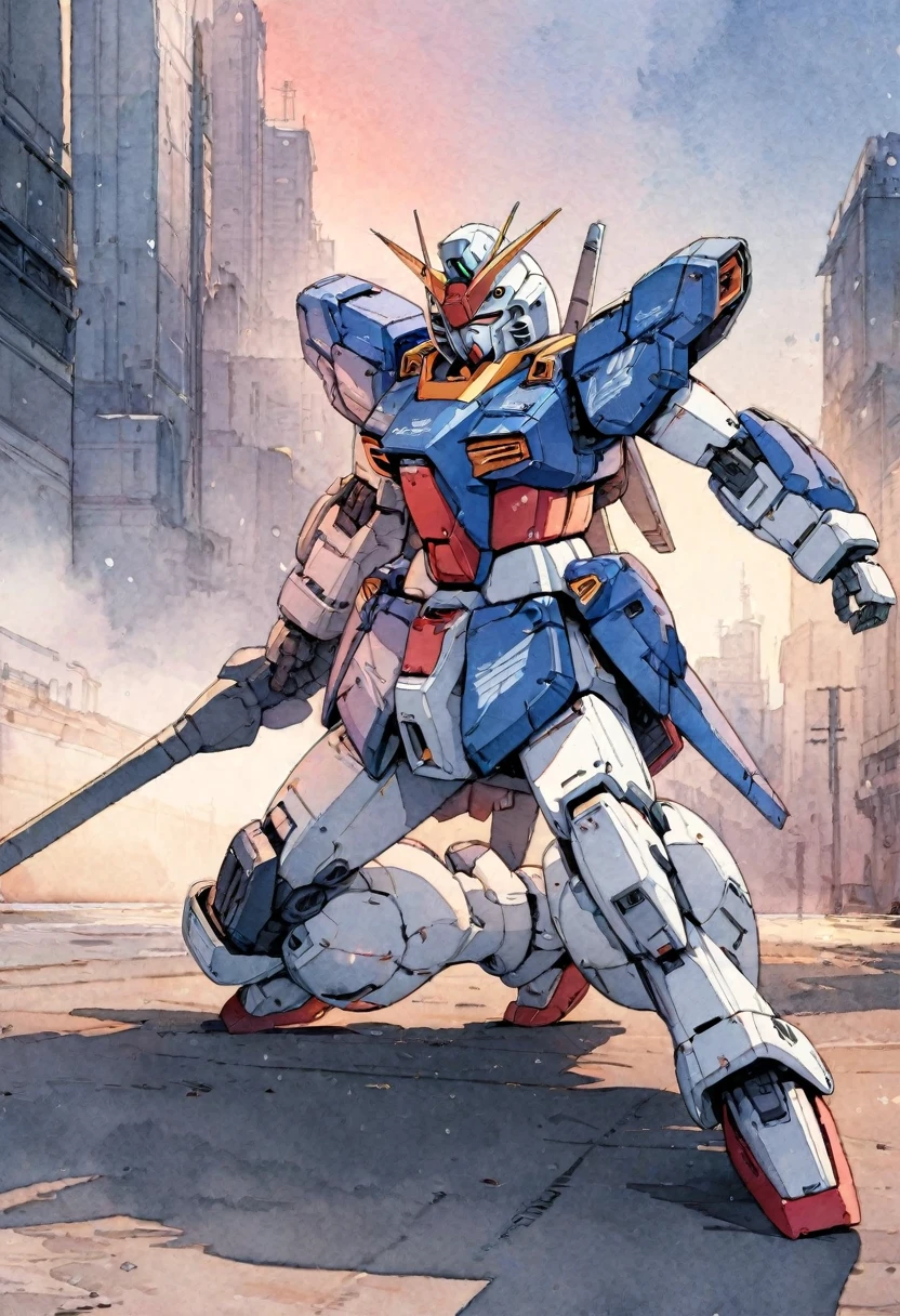 (masterpiece),(Highest quality),(Super detailed),(High resolution),((Line art)),((Watercolor)),8K,wallpaper,Mobile Suit Gundam,Gundam stands on the ground,Detailed face,dynamic