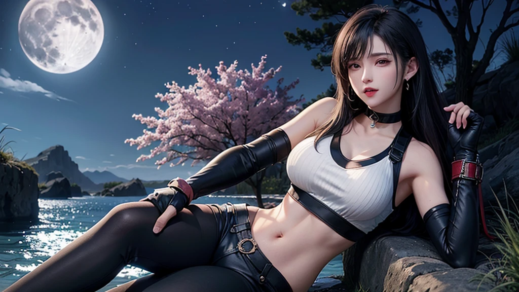 (masterpiece, best quality:1.3) DOAKokoro, 1girl, solo, long hair, breasts, black hair, gloves, bare shoulders, jewelry, choker, day, midriff, fingerless gloves, water, tree, lips, Midnight, Moon, Glow
