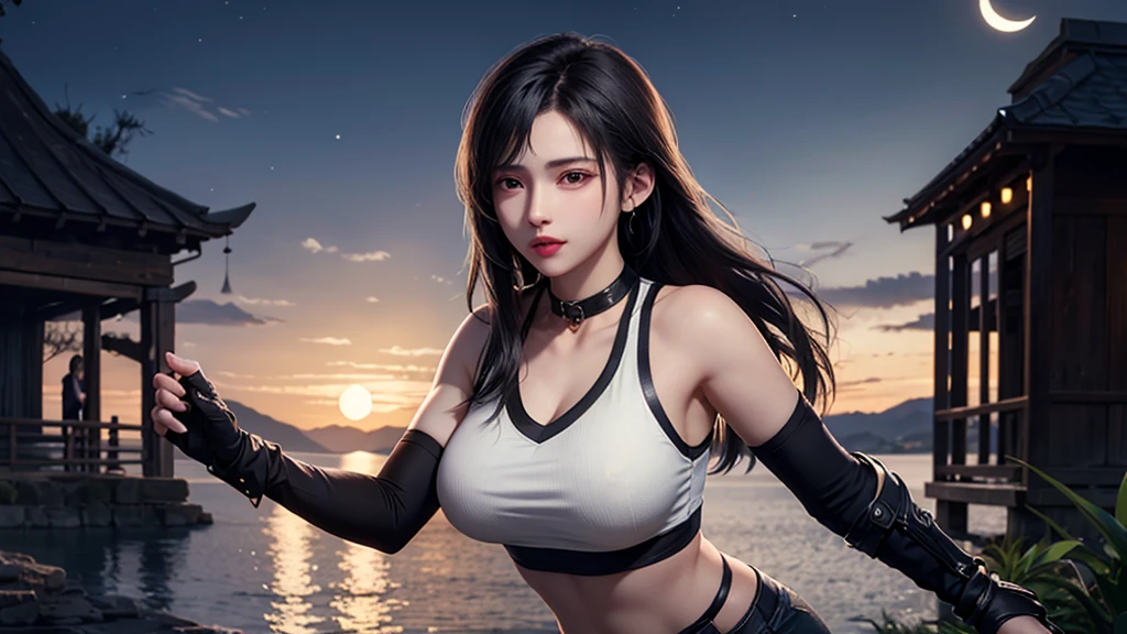 (masterpiece, best quality:1.3) DOAKokoro, 1girl, solo, long hair, breasts, black hair, gloves, bare shoulders, jewelry, choker, day, midriff, fingerless gloves, water, tree, lips, Midnight, Moon, Glow
