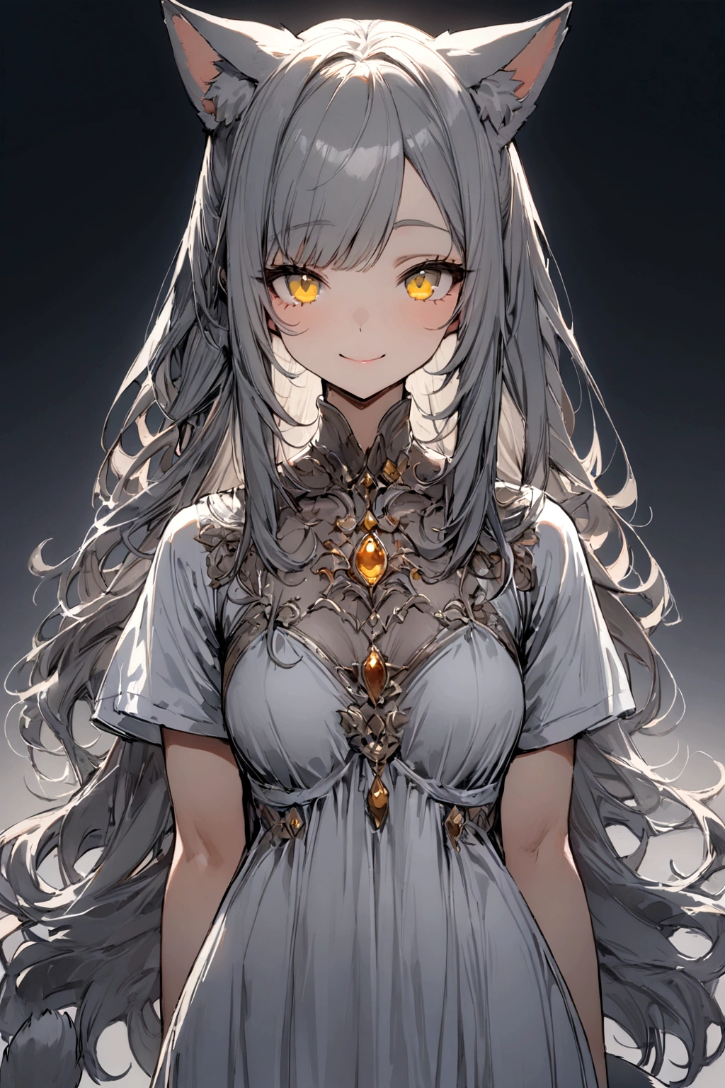 ((masterpiece)), ((best quality)), (from front, facing front:1.32), (close-up:1.2), (half-body shot:1.36), perfect anatomy, 1girl, solo, adult cat girl, long gray straight hair, middle part bangs hairstyle, yellow round eyes, gray cat ears, gray fluffy cat tail, basic short-sleeved loose white dress, smiling, looking at viewers