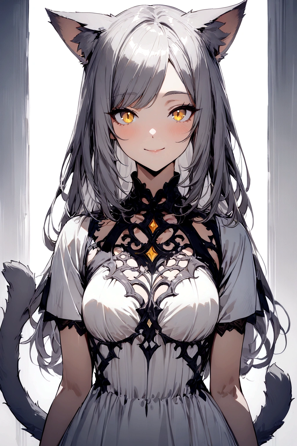 ((masterpiece)), ((best quality)), (from front, facing front:1.32), (close-up:1.2), (half-body shot:1.36), perfect anatomy, 1girl, solo, adult cat girl, long gray straight hair, middle part bangs hairstyle, yellow round eyes, gray cat ears, gray fluffy cat tail, basic short-sleeved loose white dress, smiling, looking at viewers