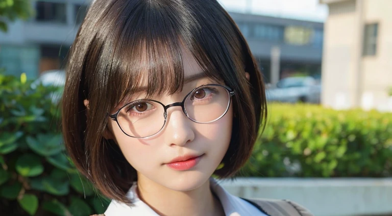 (Bob Cut Hair:1.2),(Wear round glasses, Wearing school uniform:1.2),1 girl,Japanese,21 years old,(Small breasts:1.3),(Highest quality,masterpiece:1.3,超A high resolution,),(Ultra-detailed,Caustics),(Photorealistic:1.4,RAW shooting,)Ultra-Realistic Capture,Very detailed,High resolution 16K human skin close-up。 Natural skin texture、,Pores、、It needs to be detailed enough to be easily identifiable。 Skin should be even-toned and healthy looking。 Use natural light and colour, Sad expression, Looking at the camera, Perfect dynamic composition, Outdoor