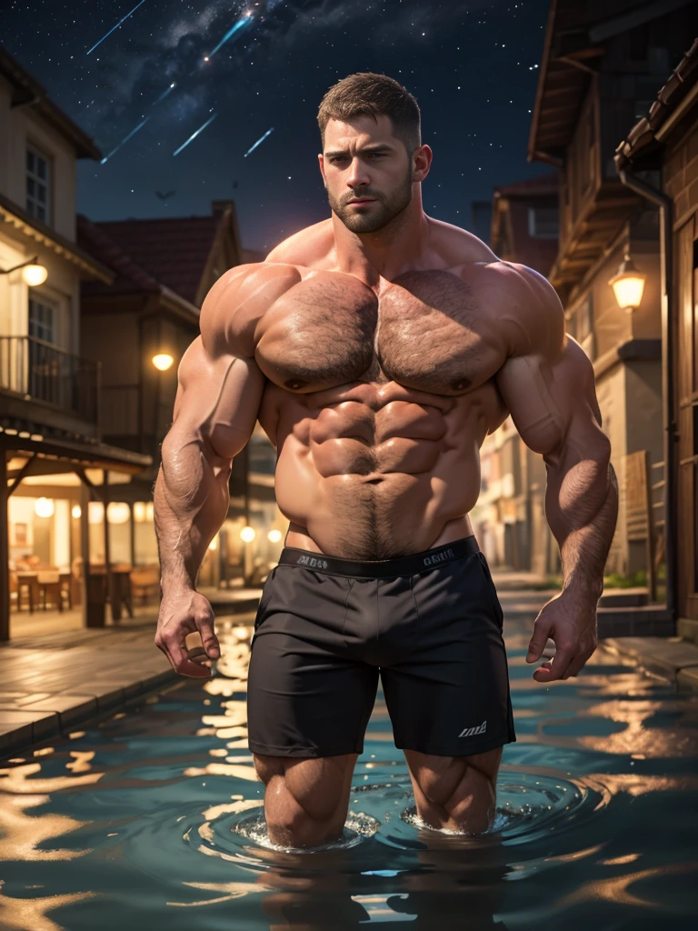 Dark gothic village in the background, old Chris Redfield from Resident Evil 8, 48 year old, muscular male, tall and hunk, biceps, abs, chest, (pecs:1.3), (muscle:1.3), no top clothes, topless, black boxers, no legs clothes, nude, bulge:1.9, thick beard, hairy legs, cold face, wet, video games style, high resolution:1.2, best quality, masterpiece, dark nightime, dark atmosphere, summer, beach, in water, night sky, shadow, fullbody shot
