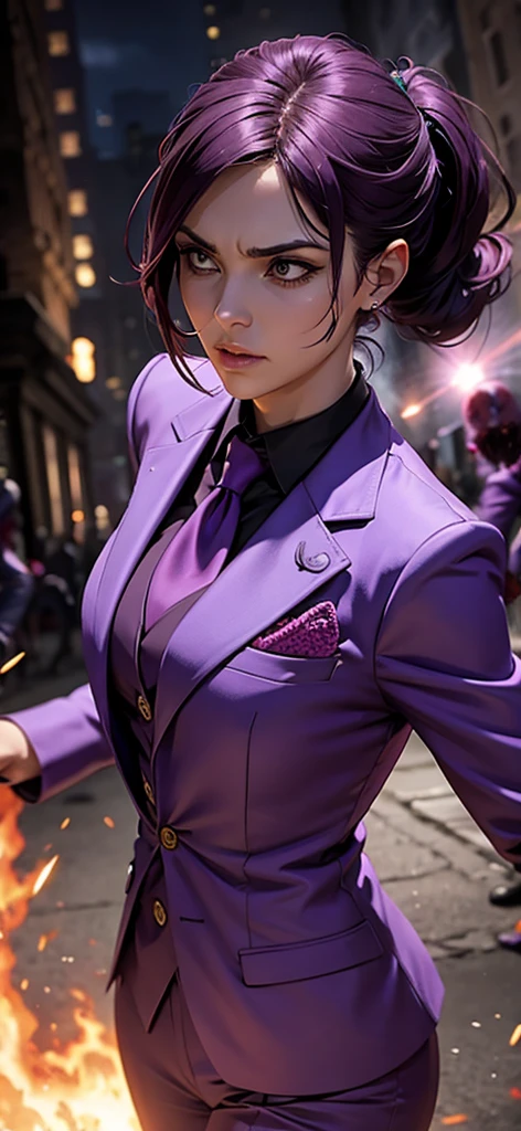 A woman in a purple suit is fighting a zombie