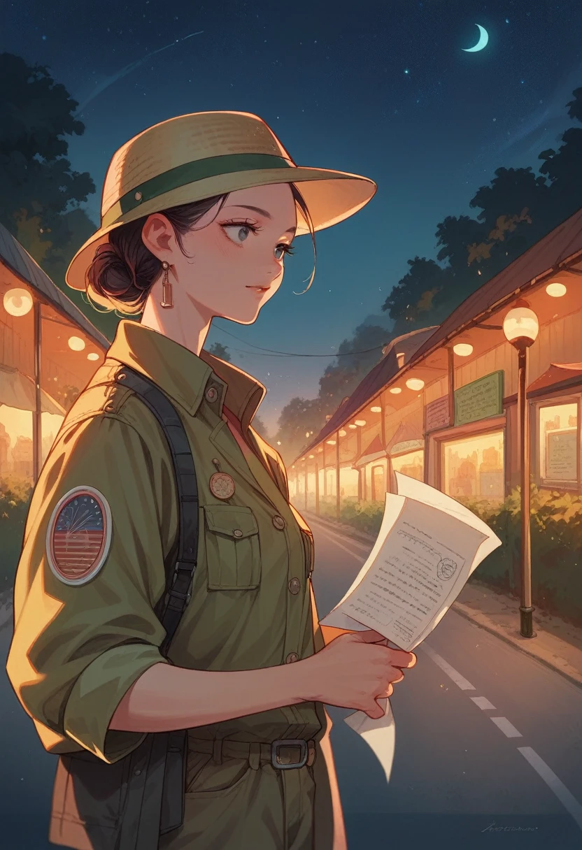 Traveling woman wearing a safari jacket, accessories, paper tobacco, Fantastic Star々, night, Vast land, beautiful, Highest quality, detailed