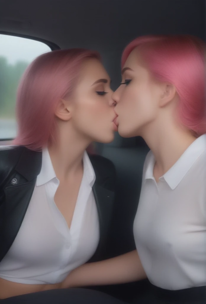 A beautiful detailed illustration of a boy and a girl kissing in a car during a severe rainstorm, masterpiece, best quality, super detailed, pink haired girl in a white pleated shirt with a cracked button on the chest, upskirt, boy with black hair in a black catsuit and black pants, realistic, photorealistic, photo-realistic, (best quality,4k,8k,highres,masterpiece:1.2),ultra-detailed,(realistic,photorealistic,photo-realistic:1.37),HDR,UHD,studio lighting,ultra-fine painting,sharp focus,physically-based rendering,extreme detail description,professional,vivid colors,bokeh,portraits,concept artists,dark moody lighting,dramatic lighting,cinematic,overcast,heavy rain