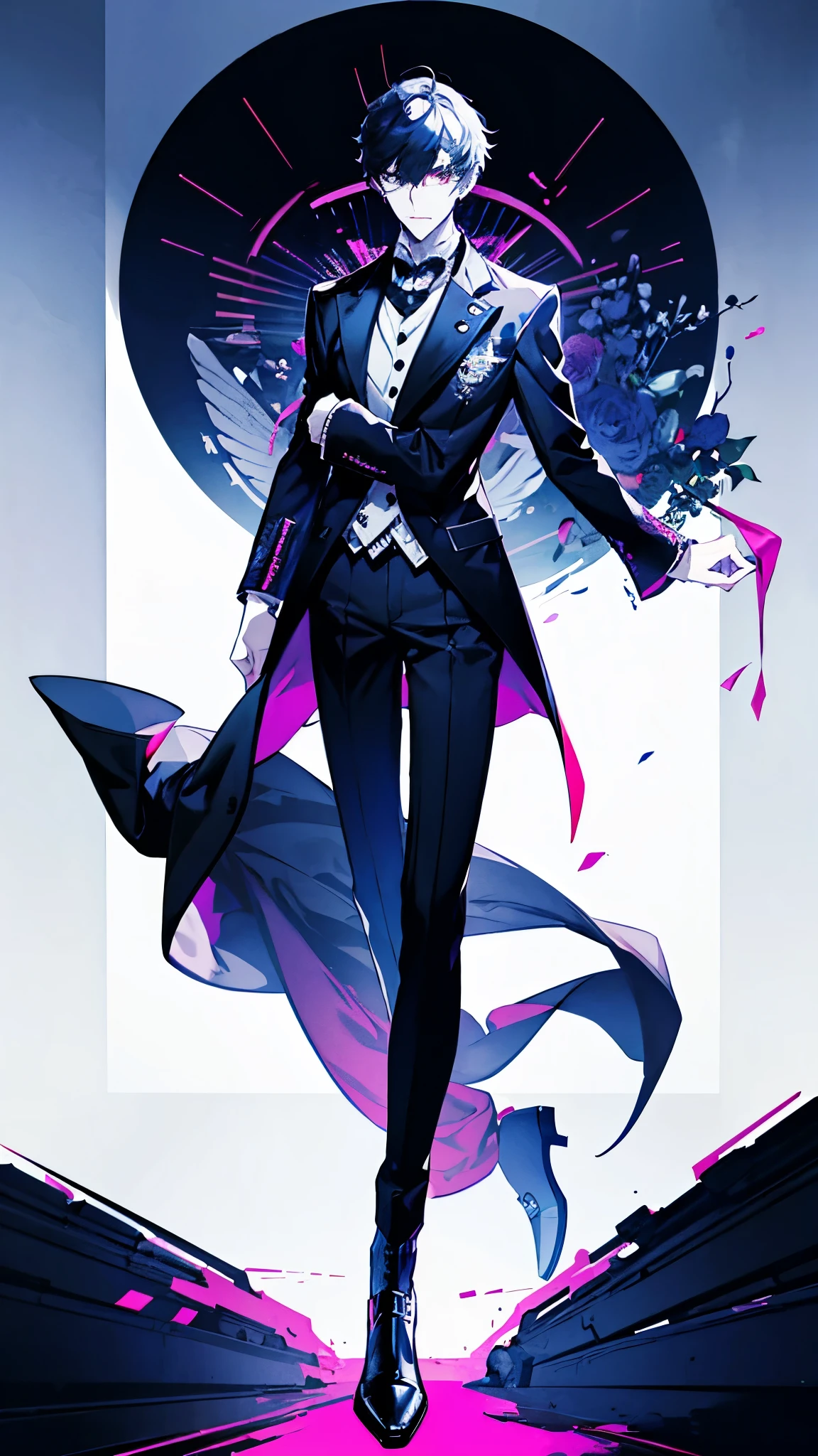 a cartoon image of a man in a suit and tie, persona 5 style, single character full body, full body with costume, persona 5 art style, persona art style, persona 5 art style wlop, yandere. tall, persona 5 inspired, anime full body illustration, persona 5 phantom thief style, clear outfit design, full body details