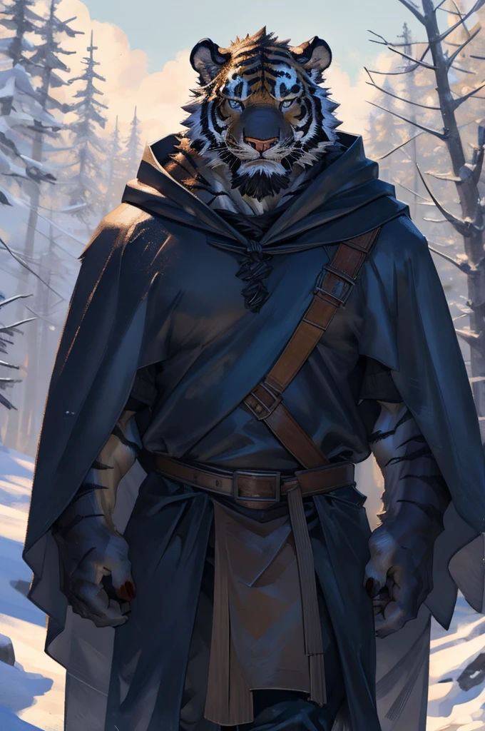 By Taran fiddler, solo, male, tiger man, dressed in a cloak and satchel, muscular, older male, cloak hiding face, face hidden by cloak hood, beard, walking towards viewer, surprised look, wide eyes, smaller silhouette behind the tiger, forest background, snowy, establishing shot, character is far in the background, zoomed out