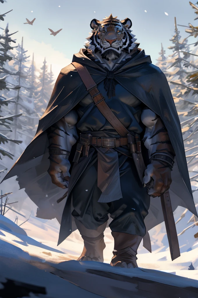 By Taran fiddler, solo, male, tiger man, dressed in a cloak and satchel, muscular, older male, cloak hiding face, face hidden by cloak hood, beard, walking towards viewer, surprised look, wide eyes, smaller silhouette behind the tiger, forest background, snowy, establishing shot, character is far in the background, zoomed out