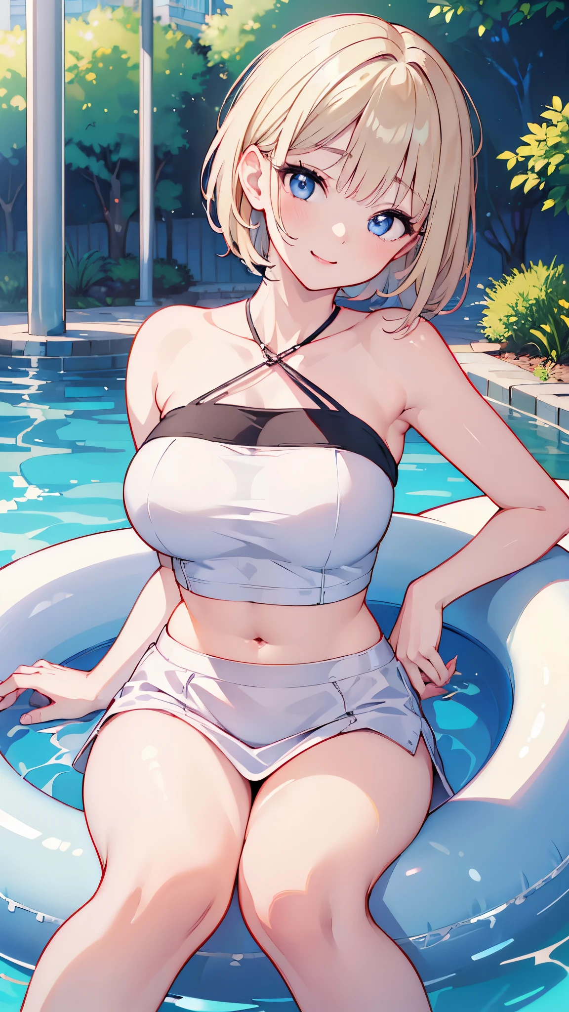 (((masterpiece))),(((High resolution)))、(((perfect face)))、(((Korean beauty)))、25 years old、(((beautiful face)))、(((tube top))), big tits、((top quality eyes)), detailed texture, ((high resolution face)), erotic smile, at the pool, short hair
