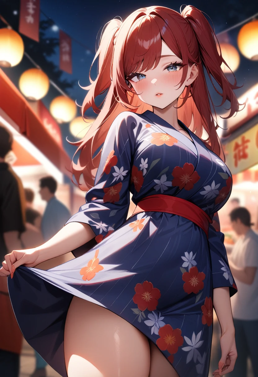1girl,solo,super detailed skin,shiny skin,natural face ,half open eyes,eyelashes,lips gloss,red hair,swept bangs,two side up,large breasts,floral printed yukata ,night Festivals, food stalls,cowboy shot,masterpiece,best quality,ultra detailed,high resolution,sharp focus,depth of field