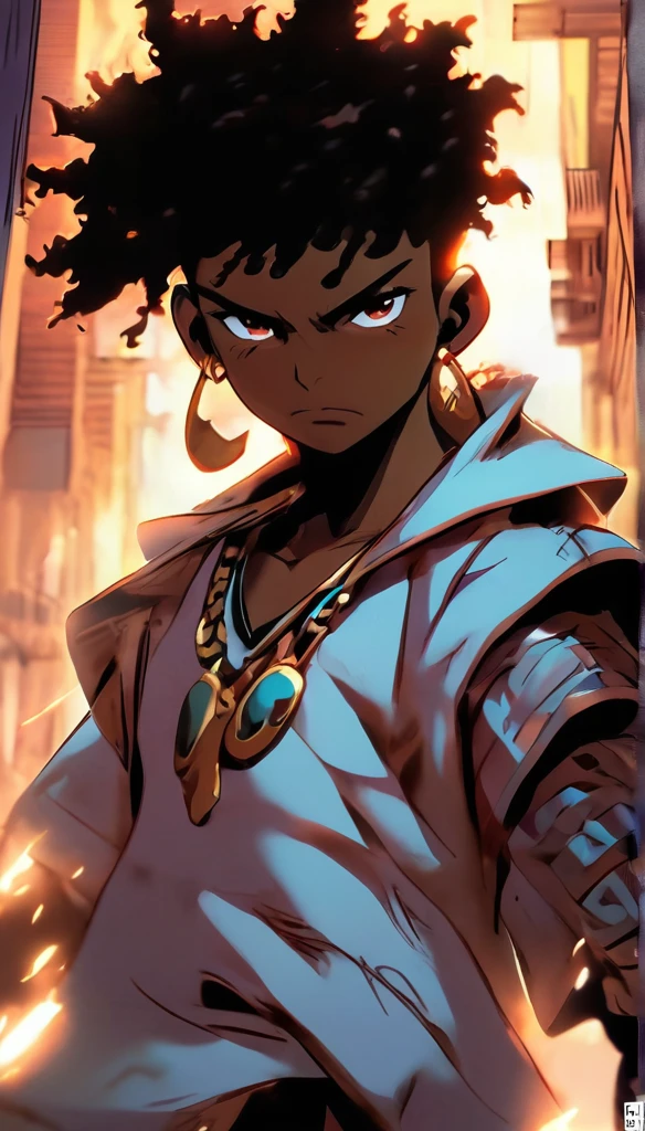 name: Zé Trovão Character Description:
Zé Trovão is a fearless northeasterner, born and raised in the vibrant and challenging streets of the outskirts of Salvador. With an appearance that mixes cangaço charm and urban aesthetics, He stands out in any crowd. he is an anime character, with a stylized and expressive look.
Appearance:
• Black man with dark skin and black power style hair.
• White Nike T-shirt: Always wearing a Seaway branded t-shirt, that showcases your fashion preferences and your sense of urban style.
• Nike White Bermuda Shorts: Wide and comfortable shorts, also from Seaway, ideal for Salvador's hot climate.
• White Nike sneakers : Robust and practical sneakers from the Nike brand, that complement your casual and functional look.
• Golden clock: A gold tone watch, that adds a touch of elegance to your look.
Personalidade: Zé Trovão is known for his indomitable spirit and sense of justice. He's a born leader, always willing to protect the weakest and face any challenge that arises. Your skill with weapons is legendary, and his quick thinking makes him a brilliant strategist.
Backstory: Growing up in an environment where the law of the strongest prevails, Zé Trovão learned from an early age to fight for his ideals. Your father, a former bandit, taught him the traditions of the backlands, while your mother, a wise woman from the outskirts, taught him how to navigate the city’s complex social fabric. sada, he uses this unique blend of skills to stand up to injustice and fight for a better future for his people.
style of anime:
• Expressive strokes: Your eyes are big and expressive, conveying your emotions intensely.
• Dynamic actions: Your actions are fast and fluid, with impressive fight choreography and agile movements.
• Visual effects: When Zé Trovão enters combat, Visual effects like sparks and lightning highlight your energy and power, reflecting your name.