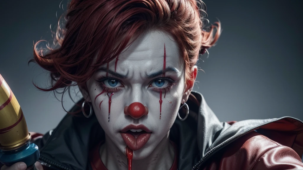 "Create an image of a clown-style character with artistic makeup smudged in red, yellow and blue. He is holding a silver blade and his tongue is gently touching it.. There is a red liquid running down the blade, suggesting a mystery scene. Make the image look like a game poster, deve estar escrito laugh louder