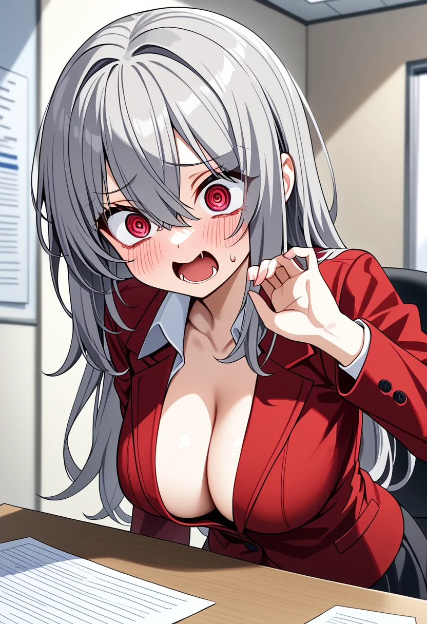 masterpiece, ((sharp expressive eyes)), ((high quality)) 1 girl, kawaii, medium breasts, red office jacket, ((black grey hair)), red eyes, hair covering 1 eye