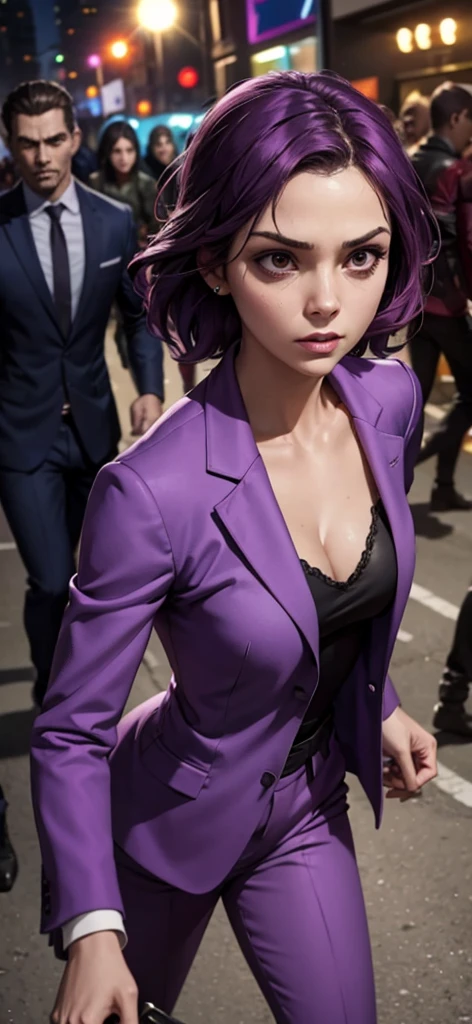 A woman in a purple suit is fighting in a world full of zombies.