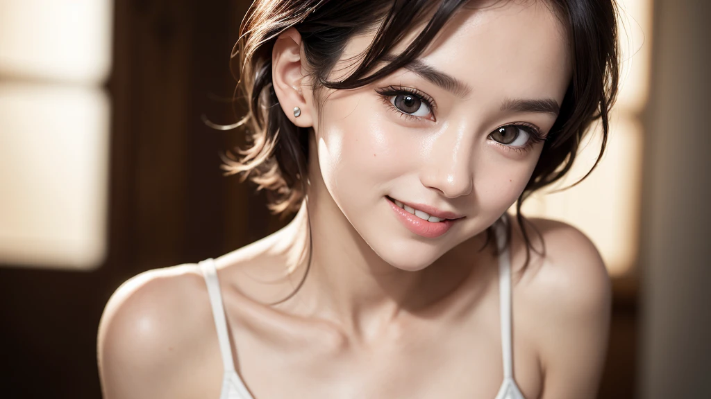 (Masterpiece),((super detailed)),(high definition CG illustration),(expressionless),(highest quality:1.2),realistic8K UHD, High definition,(1girl:1. 2),high quality textures, intricate details, finely crafted textures, finely crafted detail,Extremely detailed CG,High quality shadow,Realistic facial expression,Beautifully detailed delicate face,Beautifully detailed delicate eyes,Brown pupils,Perfectly proportioned face,Cafe with sea view,Relaxed,Wearing camisole,Depth of field,Cinematic light, lens flare, perspective, 20s, prominent nose, slender face, tall girl, (large eyes: 1. 2), blush, glossy lips, perfect body, toned body, light particles, (thin waist: 1.3), large bust, clear image, high resolution, (glossy skin), solo focus, ( fine beautiful eyes and fine face),(striped hair),light source contrast,medium hair,((smiling face)),(pureerosface_v1:0. 5), (ulzzang-6500-v1.1:0.5), .