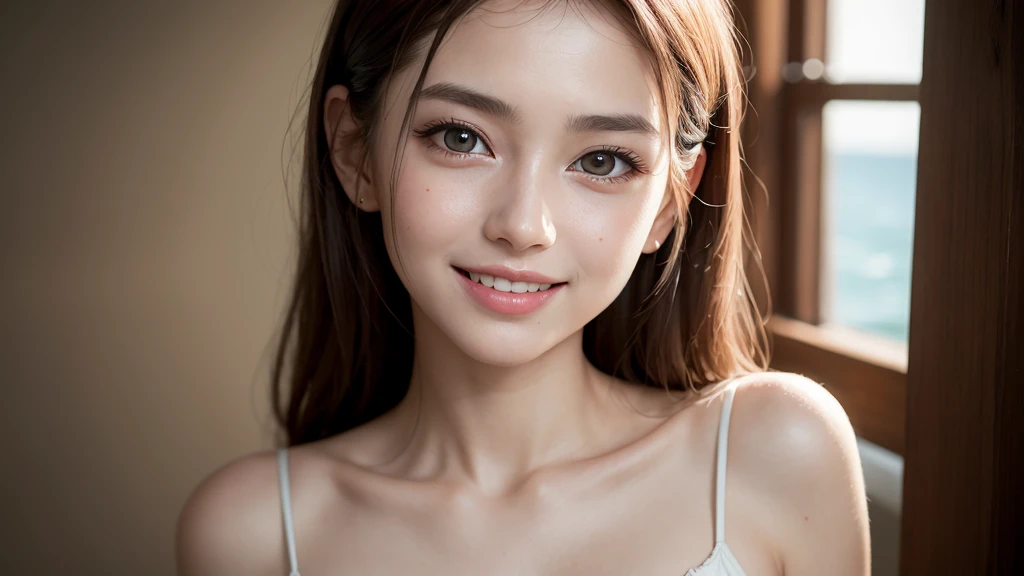 (Masterpiece),((super detailed)),(high definition CG illustration),(expressionless),(highest quality:1.2),realistic8K UHD, High definition,(1girl:1. 2),high quality textures, intricate details, finely crafted textures, finely crafted detail,Extremely detailed CG,High quality shadow,Realistic facial expression,Beautifully detailed delicate face,Beautifully detailed delicate eyes,Brown pupils,Perfectly proportioned face,Cafe with sea view,Relaxed,Wearing camisole,Depth of field,Cinematic light, lens flare, perspective, 20s, prominent nose, slender face, tall girl, (large eyes: 1. 2), blush, glossy lips, perfect body, toned body, light particles, (thin waist: 1.3), large bust, clear image, high resolution, (glossy skin), solo focus, ( fine beautiful eyes and fine face),(striped hair),light source contrast,medium hair,((smiling face)),(pureerosface_v1:0. 5), (ulzzang-6500-v1.1:0.5), .